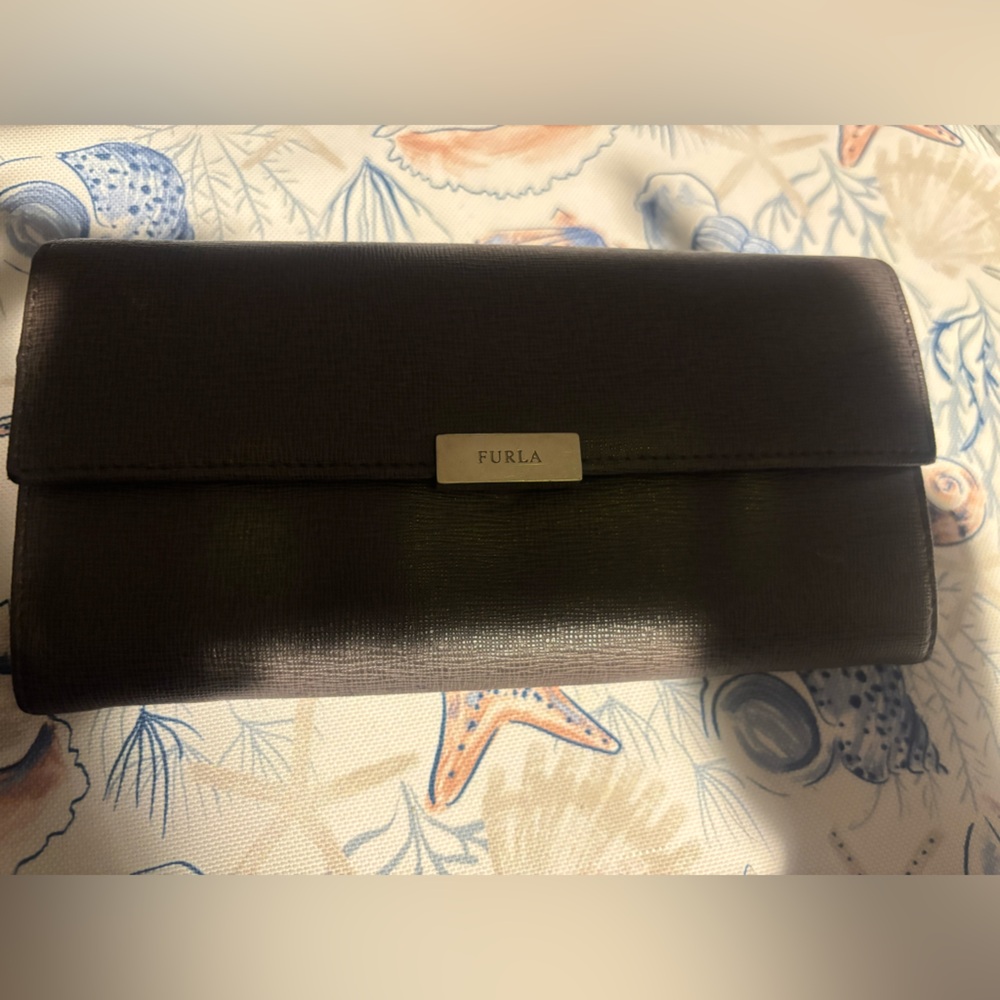 Furla dark grey Textured Leather Wallet with Silver Plaque